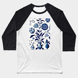 Floral Garden Botanical Print with Delft Blue and White Baseball T-Shirt